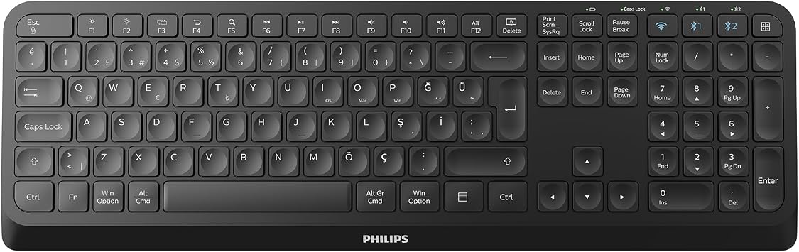 Philips SPK6407 Çift Modlu 2.4GHz Bluetooth 3.0/5.0 Kablosuz Klavye, 111 Tuş Türkçe Q, 3 Cihaza Kadar Bağlantı, Tam Boyutlu, Numerik Tuş Takımlı, Siyah
