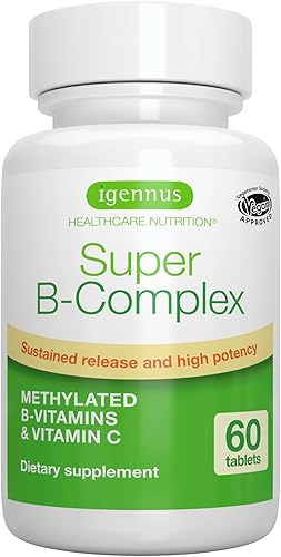 Igennus Super B Complex - Vitaminas B metiladas - Suplemento MTHFR de etiqueta limpia con metilfolato, B12, metilcobalamina, vegano, verificado en laboratorio, 60 comprimidos pequeños.