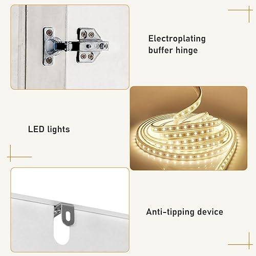 Miniatura 5 de Armario de 3 puertas con espejo, armario LED con puertas y cajones, armario de almacenamiento de madera con barra para colgar, estantes ajustables,