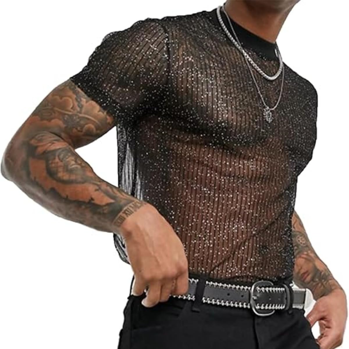 Hybursky Men's Black Shiny Shirts, Short Sleeve Round Neck Sparkly Disco Rave Hot Tops, Mesh Sheer Sequins Party Clubwear Holiday Tee Top, Sexy Breathable Transparent Regular Undershirt For Nightclub Daily Wear