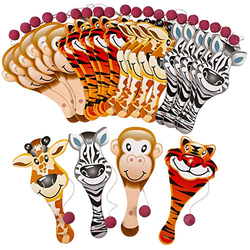 Kicko Zoo Animal Paddle Ball Game - 24 Pack - Assorted Zoo Animal Shaped Paddle Ball Game - Animal themed Party Favors