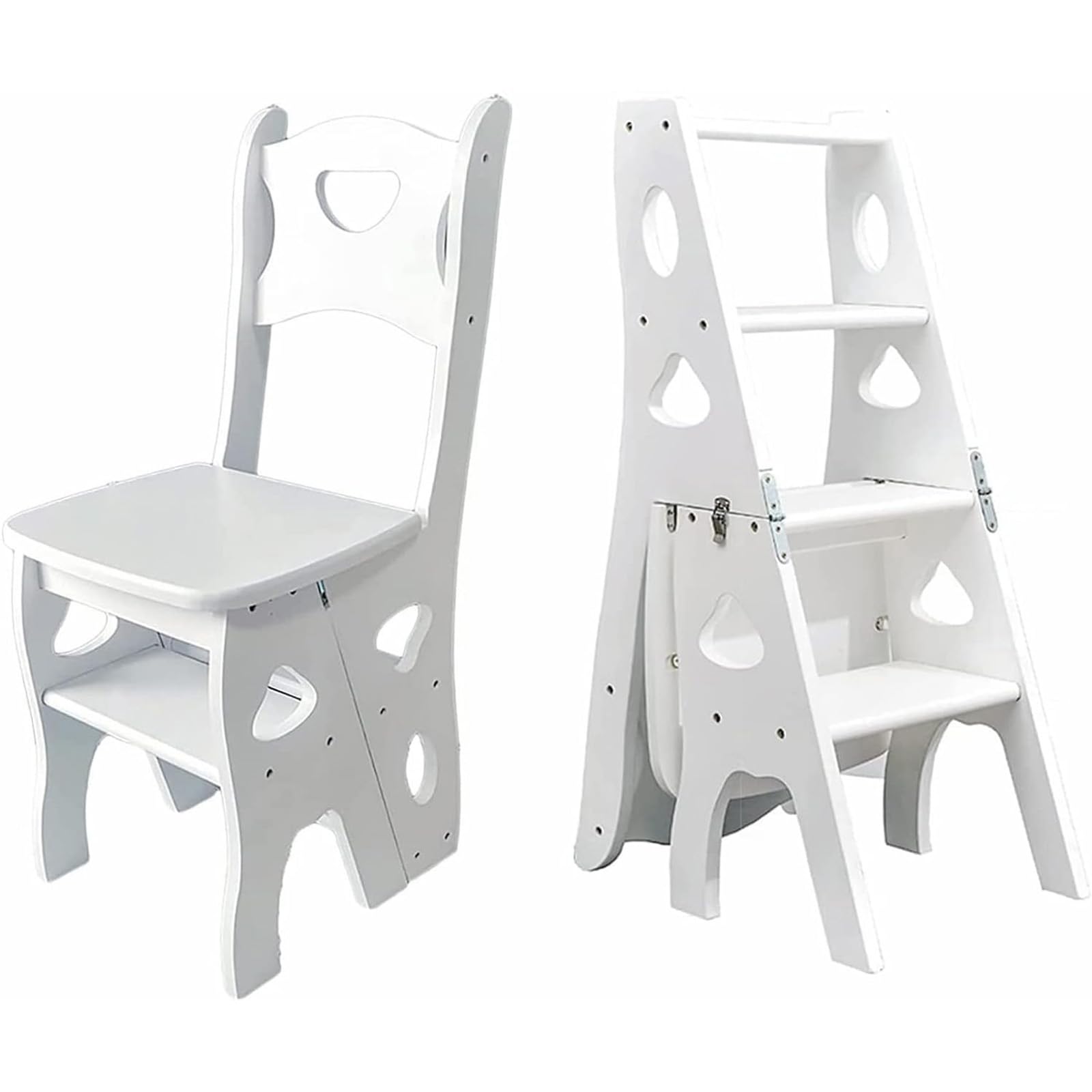 Solid Wood 4-Step Ladder Chair - Foldable Dual Purpose Stepladder Display Stand Plant Stand Multifunctional Stepladder for Homes for Library Kitchen Office (White)