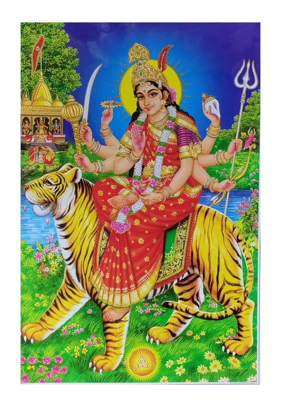 BM TRADERSMaa Sherawali Durga Golden Zari Art Work Poster Without Frame (24 X 36 Inches)