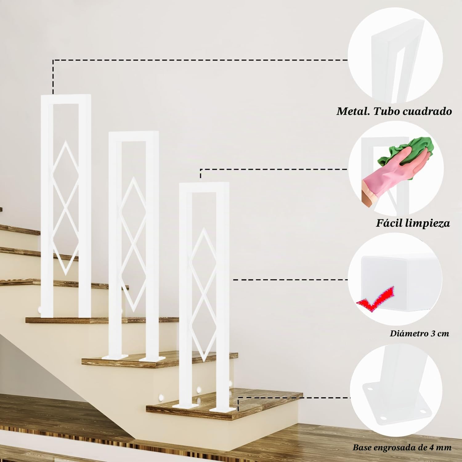 Barandilla de Escalera Interiores en Forma de U con Patrón de Diamante, Pasamanos Antideslizantes de Seguridad, Modernos Balaustre Decorativas para Escalones, Pasillo, Ático (Blanco, 85cm)