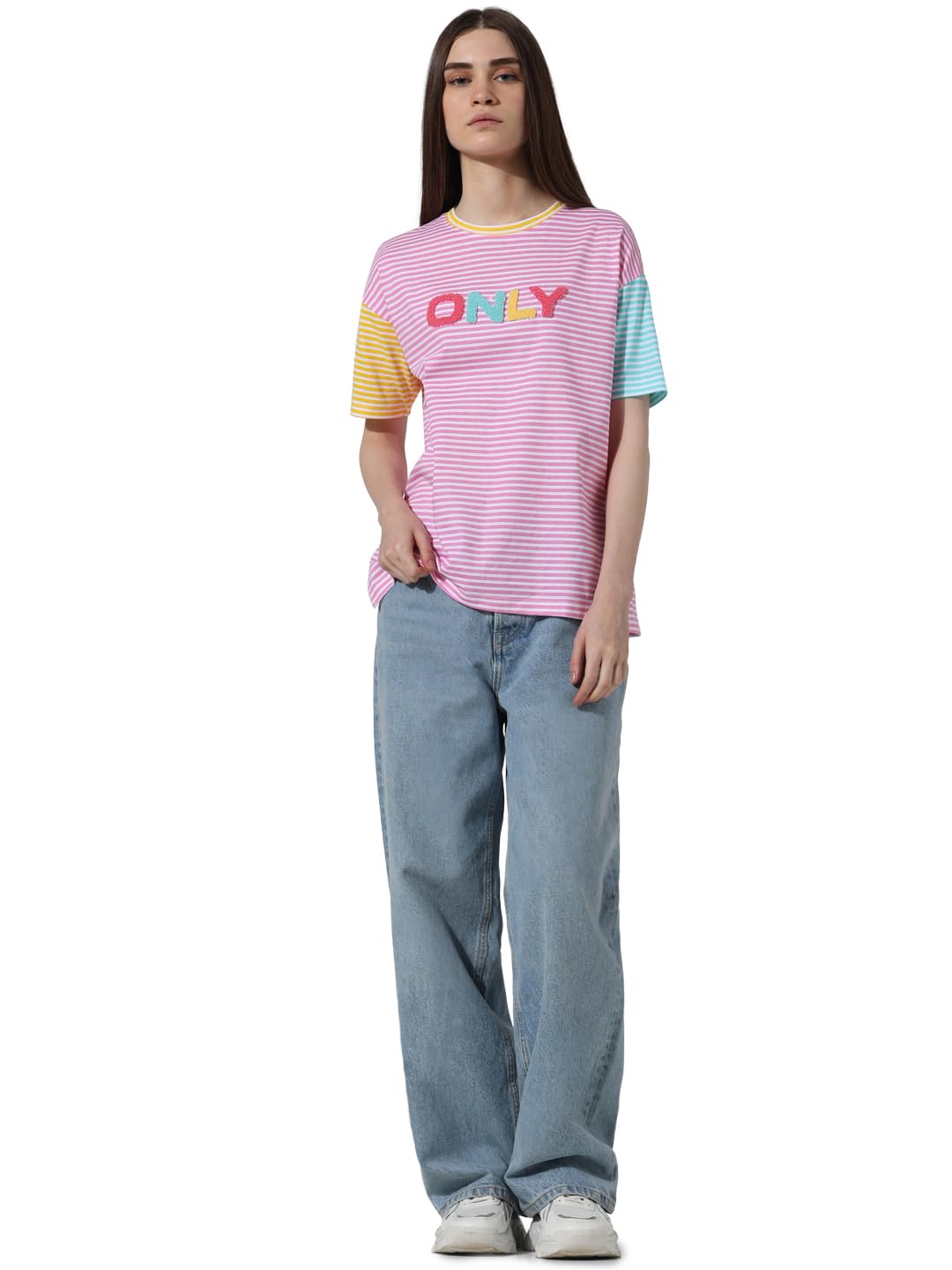 only Women Striped Cotton Pink T-Shirt-picture-10