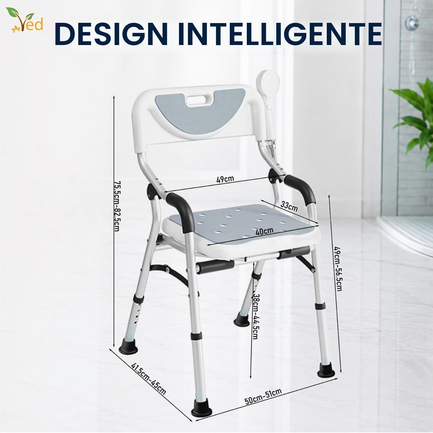 Sedia da doccia VED Stool, sedia da doccia pieghevole per vasca da bagno, sedile da bagno portatile con gambe in alluminio resistenti, regolabile con schienale per bagno.