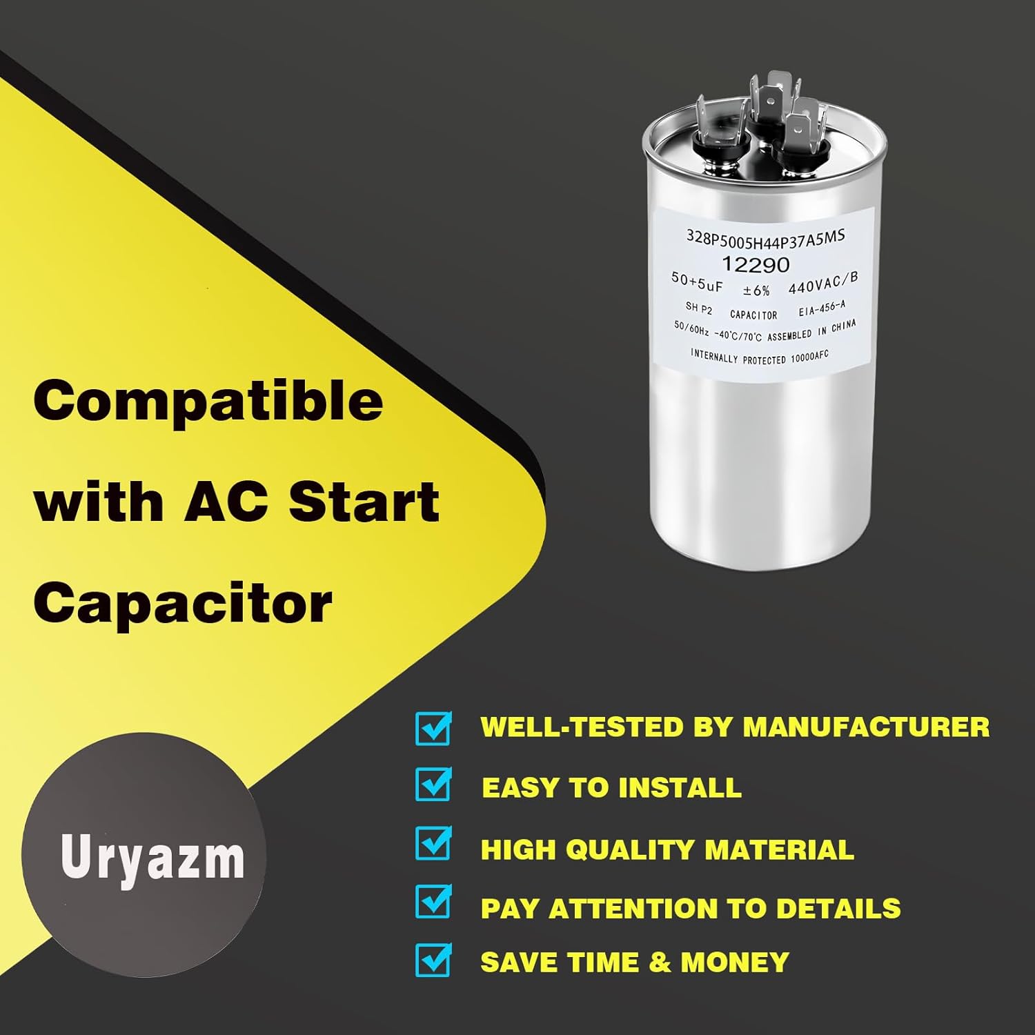 30 5uf to 50 5uf Dual Run Capacitor Universal CBB65 370 440vac for HVAC Ac Compressor Fan Motor Replacement (12290)