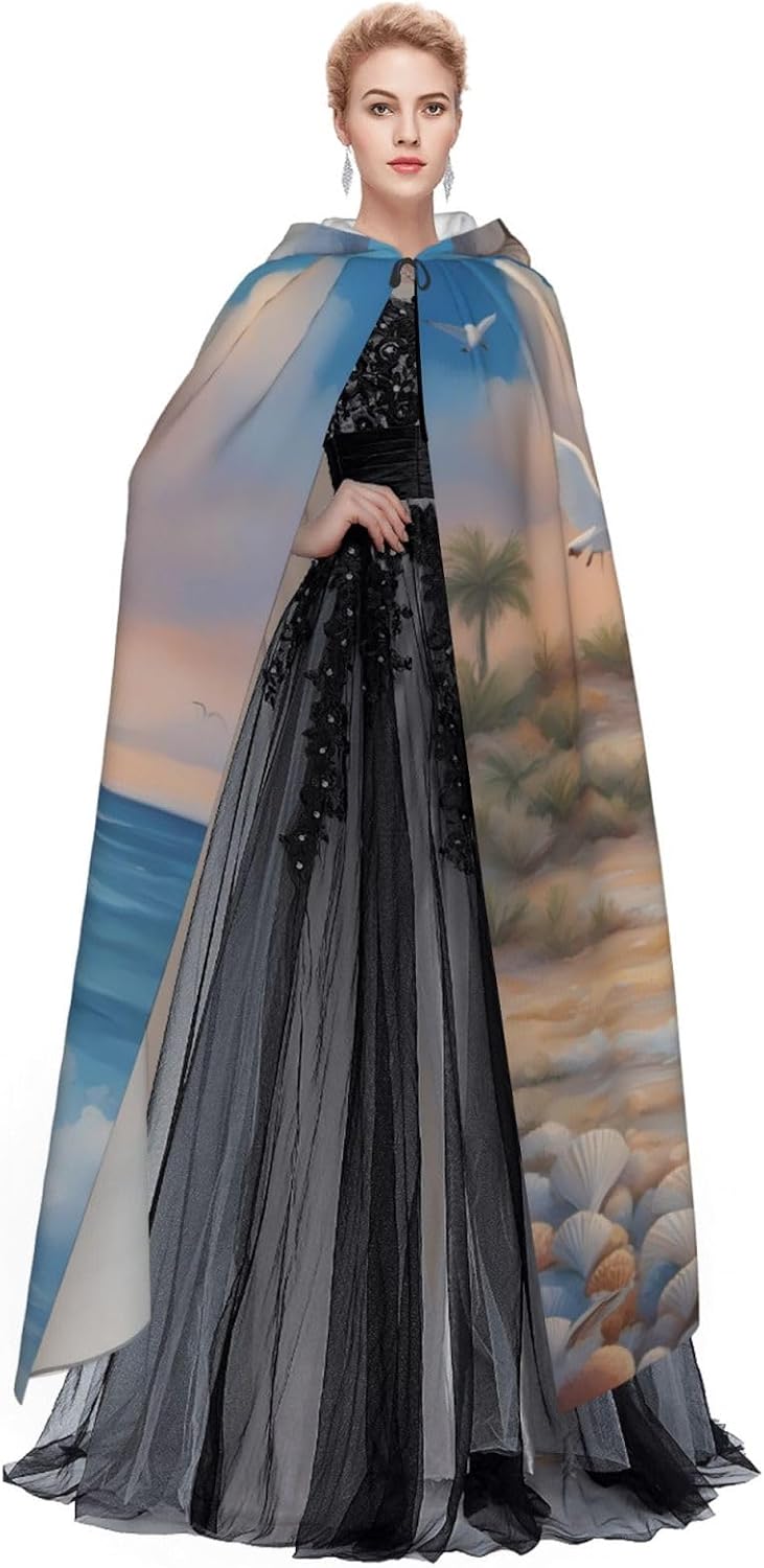 Unisex Full Length Hooded Halloween Christmas Party Robe Cloak Cape Cosplay Costume Men Women Cute Seagulls Prints Black