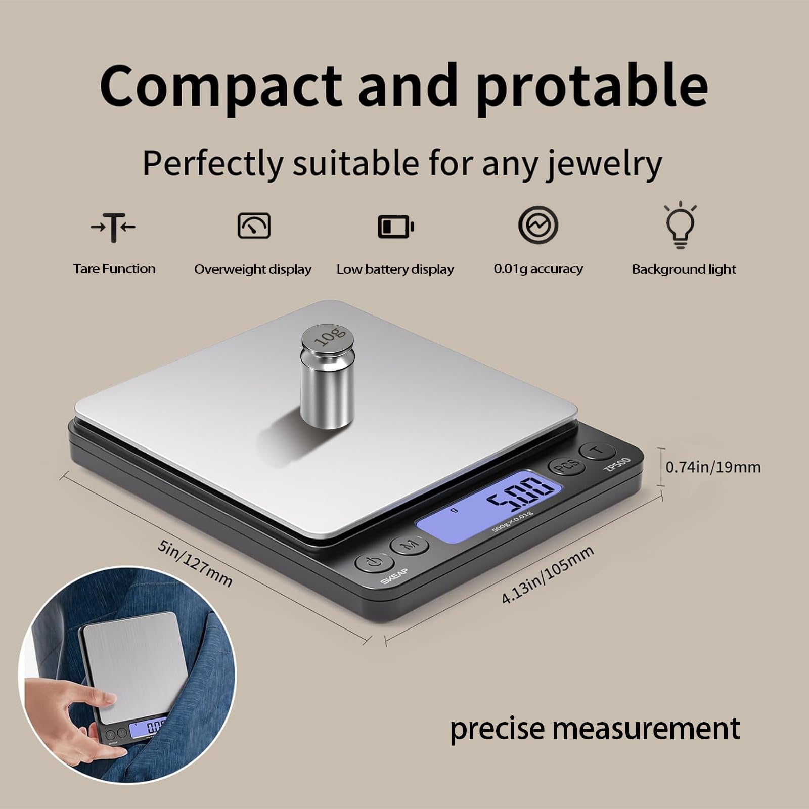 SKEAP ZP500 - Bilancia digitale per gioielli, 500 g x 0,01 g, bilancia portatile ad alta precisione con display LCD retroilluminato, adatta per oro, argento, platino, monete, gemme, lingotti