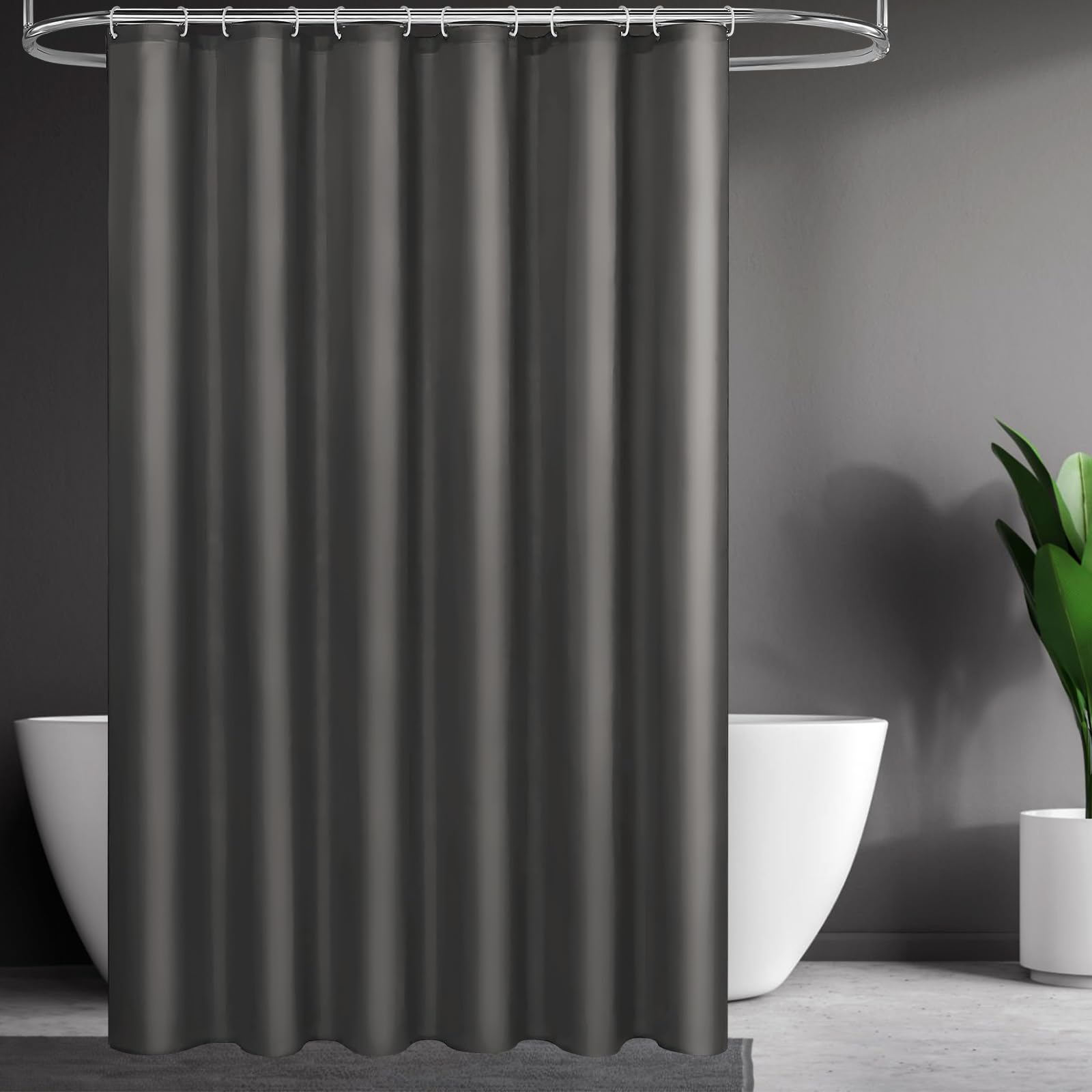 ecooe Cortina de Ducha de Tela Gris Oscuro 180 x 200 cm, Cortinas de Baño de Secado Rápido, Repelente al Agua, Antimoho y Lavable, 180 x 200 cm con 12 Anillas, Cortina Bañera para Ducha y Bañera