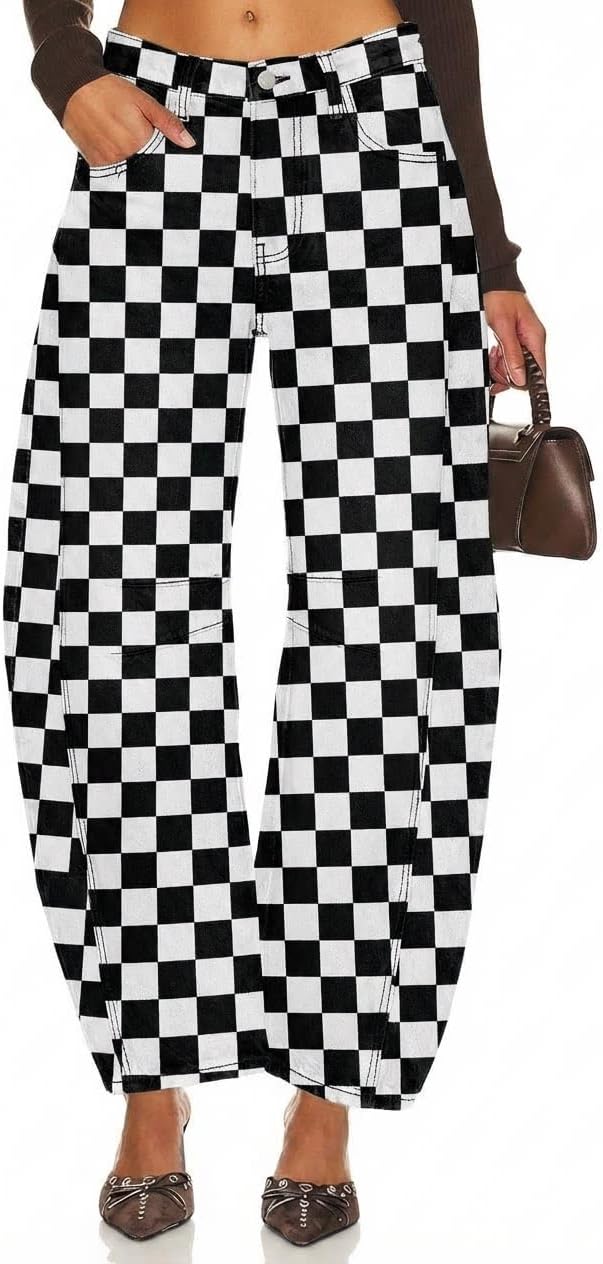 utcoco Women's Checkerboard Print Barrel Leg Jeans Boyfriend High Waist Wide Leg Stretchy Denim Pants