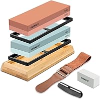KEENBEST Premium Whetstone Knife Sharpener Kit - 400/1000 & 3000/8000 Grit Water Stones, Bamboo Base, Angle Guide, Leather Strop