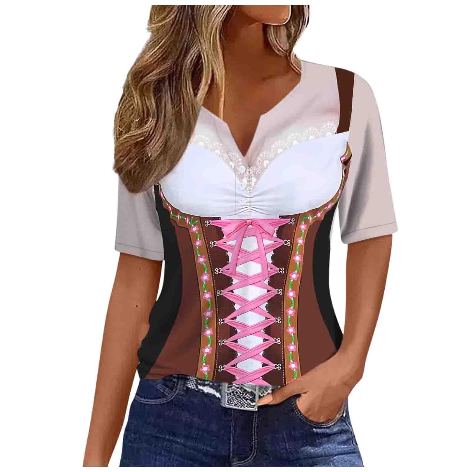 GenericOktoberfest Outfit Women Funny Basic Shirts Women's Plaid T-Shirt Comfortable Tops V Neck T-Shirt Oktoberfest Printed Loose Tops