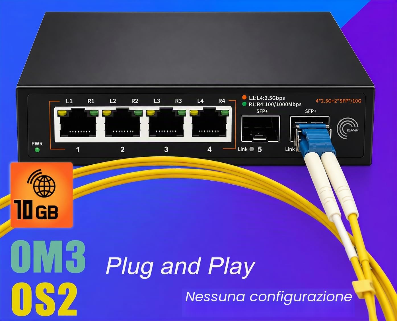 Elfcam® - 10 Gb Switch in fibra ottica compatibile con Freebox Ultra, con 2 porte 10G SFP+ e 4 porte 2,5 Gigabit Ethernet RJ45, Plug & Play non gestito (2 porte 10Gb SFP+ e 4 porte 2,5G RJ45)