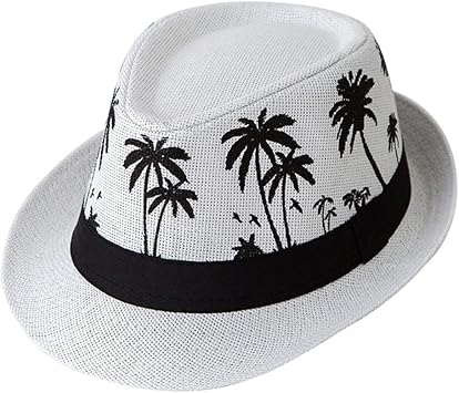 ECYC Ltd Panama Straw Hats Short Brim Fedora Straw Hat Trilby Hat Palm Tree Print Summer Beach Sun Hat Cap for Men Women