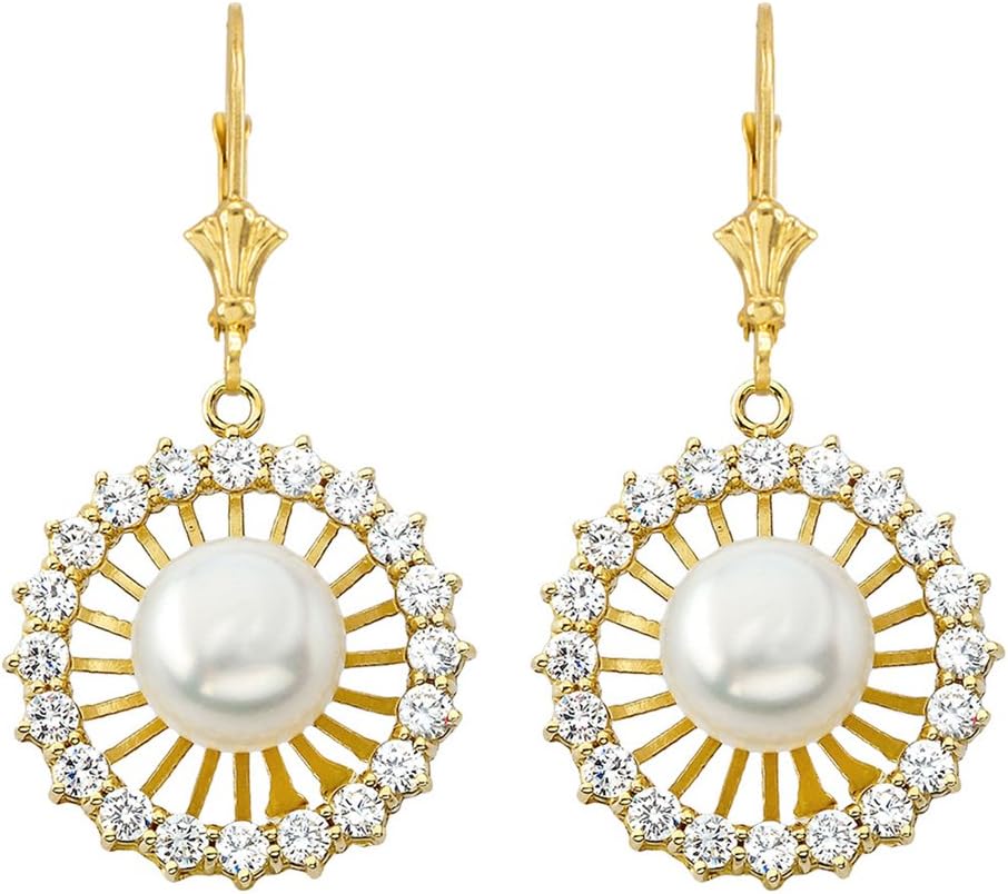 Precious 14K Yellow Gold CZ Designer Cultured Pearl Earrings