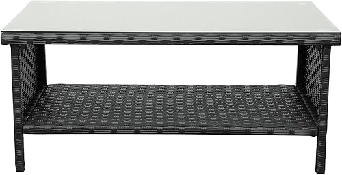 Miniatura 8 de Mesa de centro de mimbre para exteriores, muebles de patio, ratán de jardín, mesa de vidrio de 2 capas con almacenamiento y cubierta para muebles