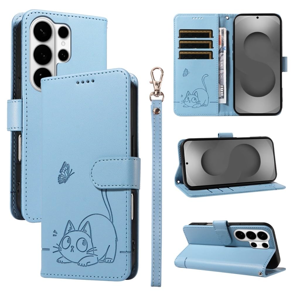 Generic Étui compatible avec Samsung Galaxy S10 4G (couleur : bleu clair) motif chat papillon portefeuille en cuir étui à rabat