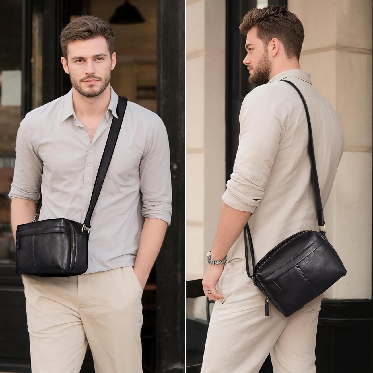 Augus Men's Leather Messenger Bag Shoulder Crossbody Backpack Bags Purse for Women Vintage Anti-Theft Waterproof Casual (Black) - Image 2