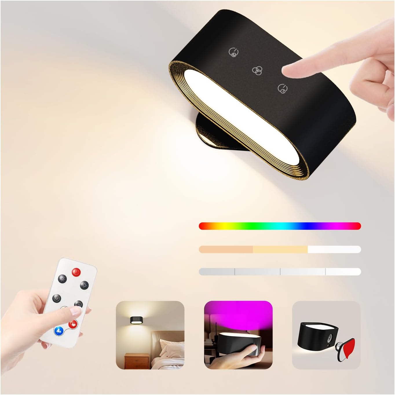 Coollamp Battery Wall Light Indoor, LED Rechargeable Wall Lamp with Remote&Touch Control,15 RGB Ambience Warm White Lights,360ยฐ Rotation,4 Dimmings, Magnetic Wall Sconce for Bedroom