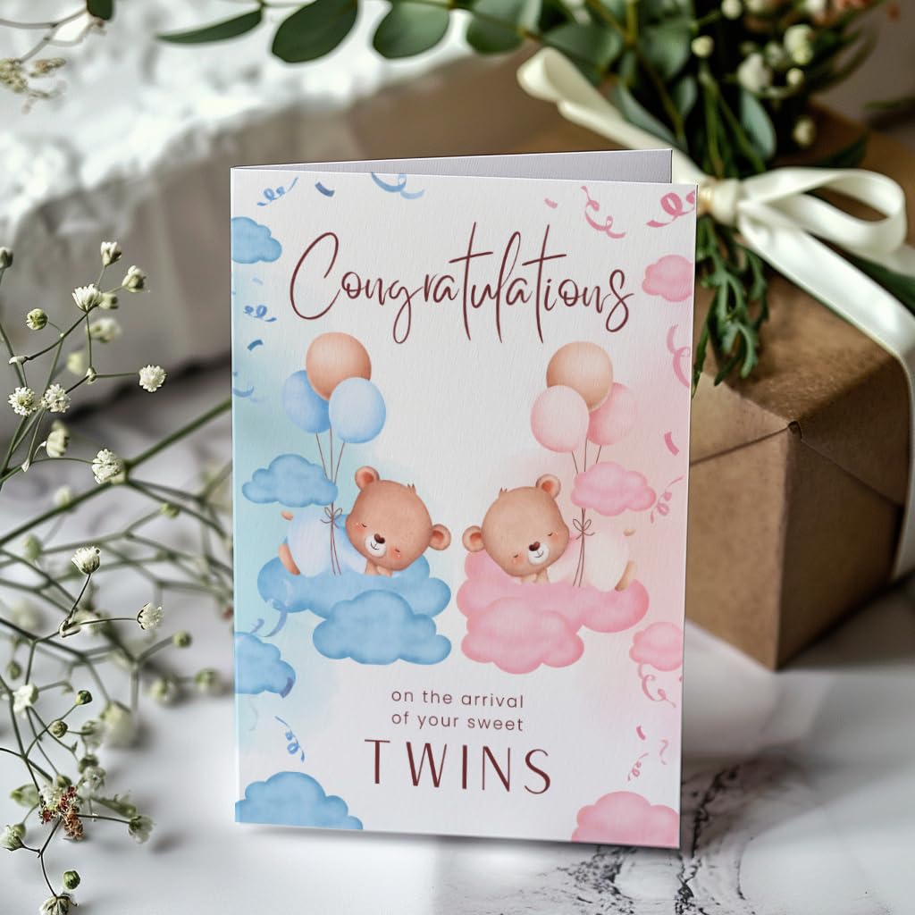 Tarjeta De Felicitación Para Gemelas Recién Nacidas - Diseño Osos Y Globos, Texto En Inglés, 5x7"