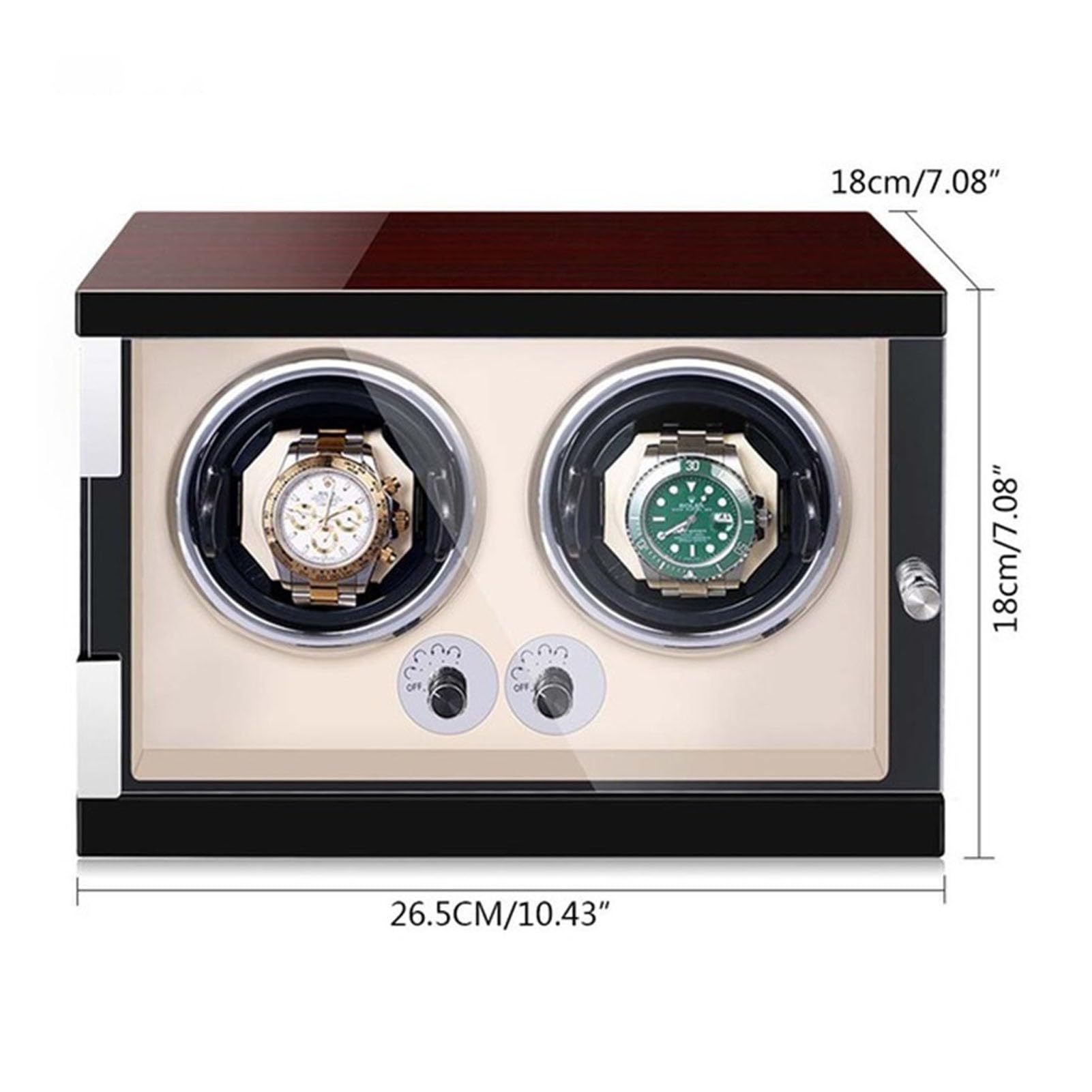 Lussuoso Carica Orologi Doppio, Custodia per Orologi, Guscio in Legno, Pianoforte, Scatola Girevole per Orologi a Carica Automatica con luci LED, Cuscini per Orologi rego，Beige Pu-2+0