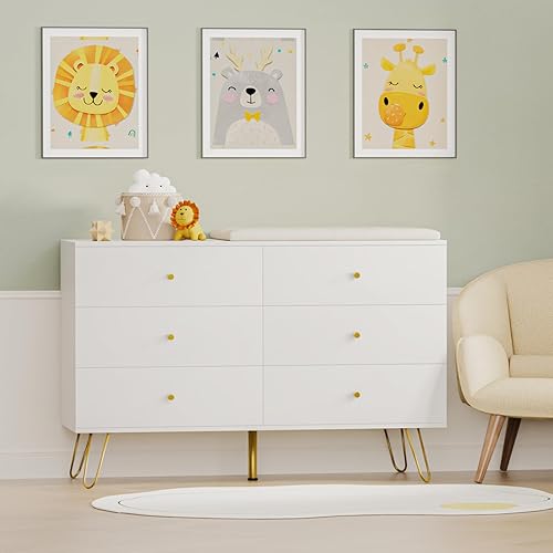 Miniatura 5 de Vrullu Cómoda para dormitorio con 6 cajones cómoda blanca de madera y cajones con pomos dorados cajones de almacenamiento modernos para entrada