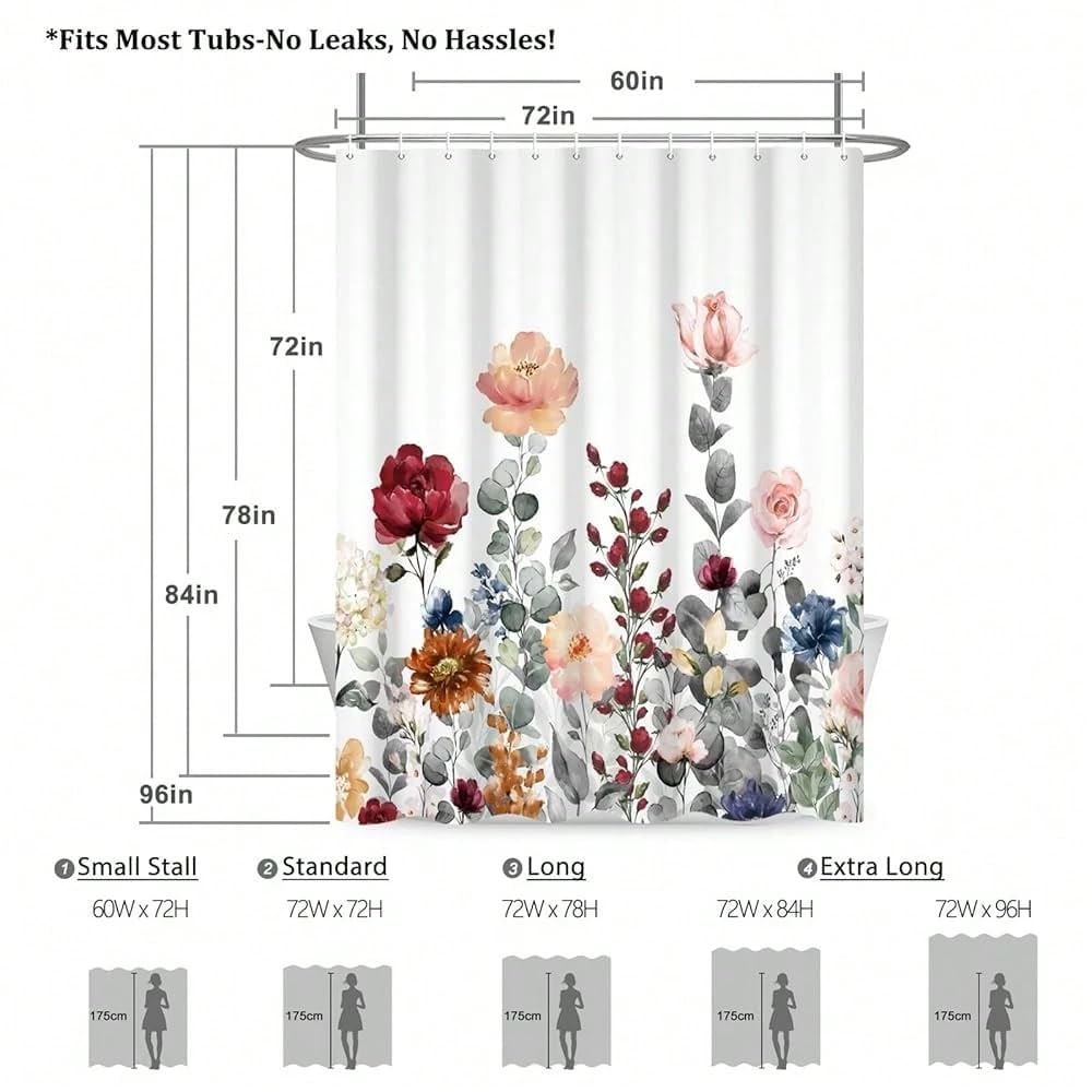 Bunter Duschvorhang mit Blumenmuster für Badezimmer, Aquarellblumen, Pflanzen, modernes 3D-Tintenbild, dekorativer Badewannenvorhang (300 x 180 cm / 118 x 71 Zoll (B x H))