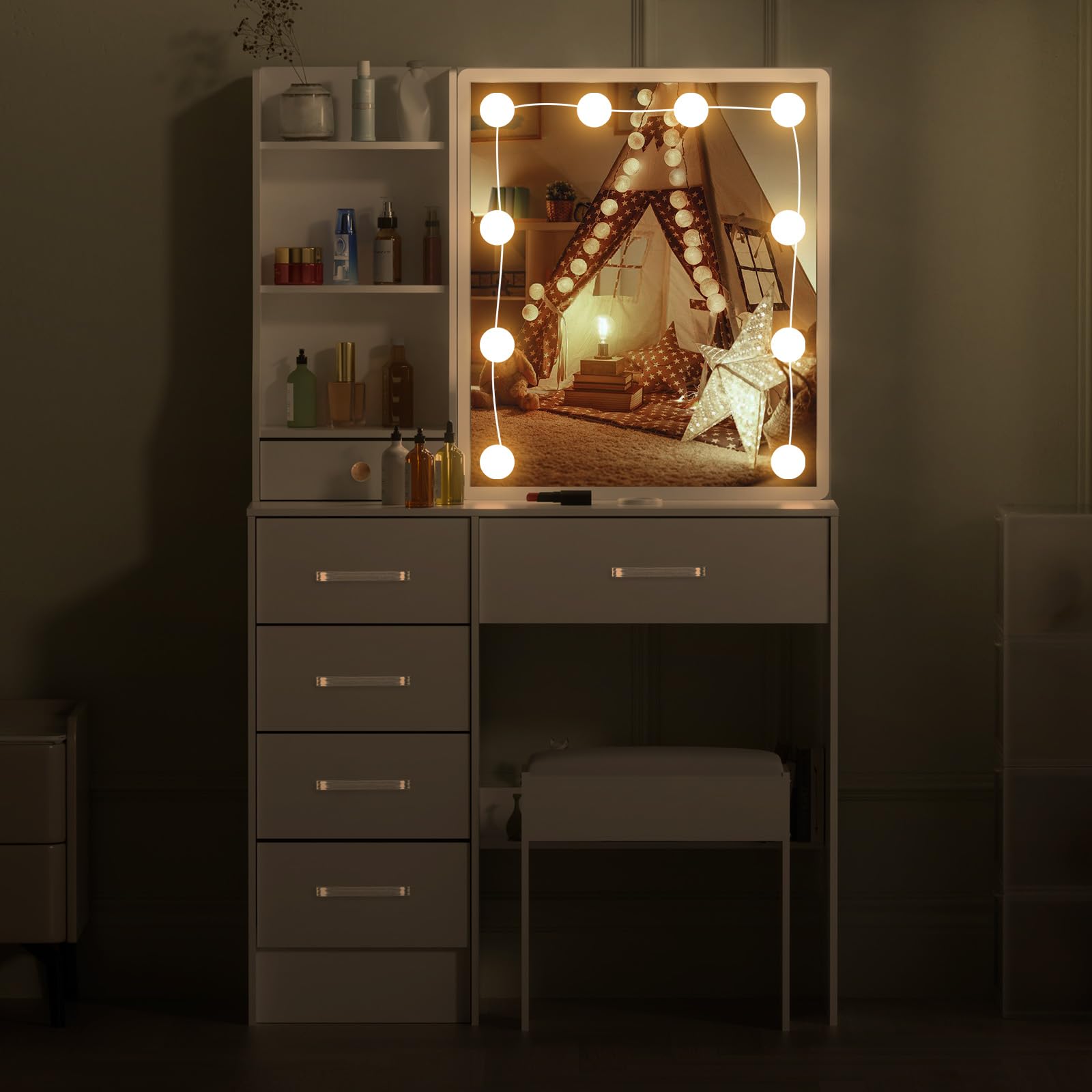 Toeletta trucco con Luci e Sgabello, 10 Luci LED Regolabile a 3 colori, Toeletta bianca con Specchio e 6 Cassetti + 6 Ripiani aperti, Moderno per Camera da Letto 80x36x130cm