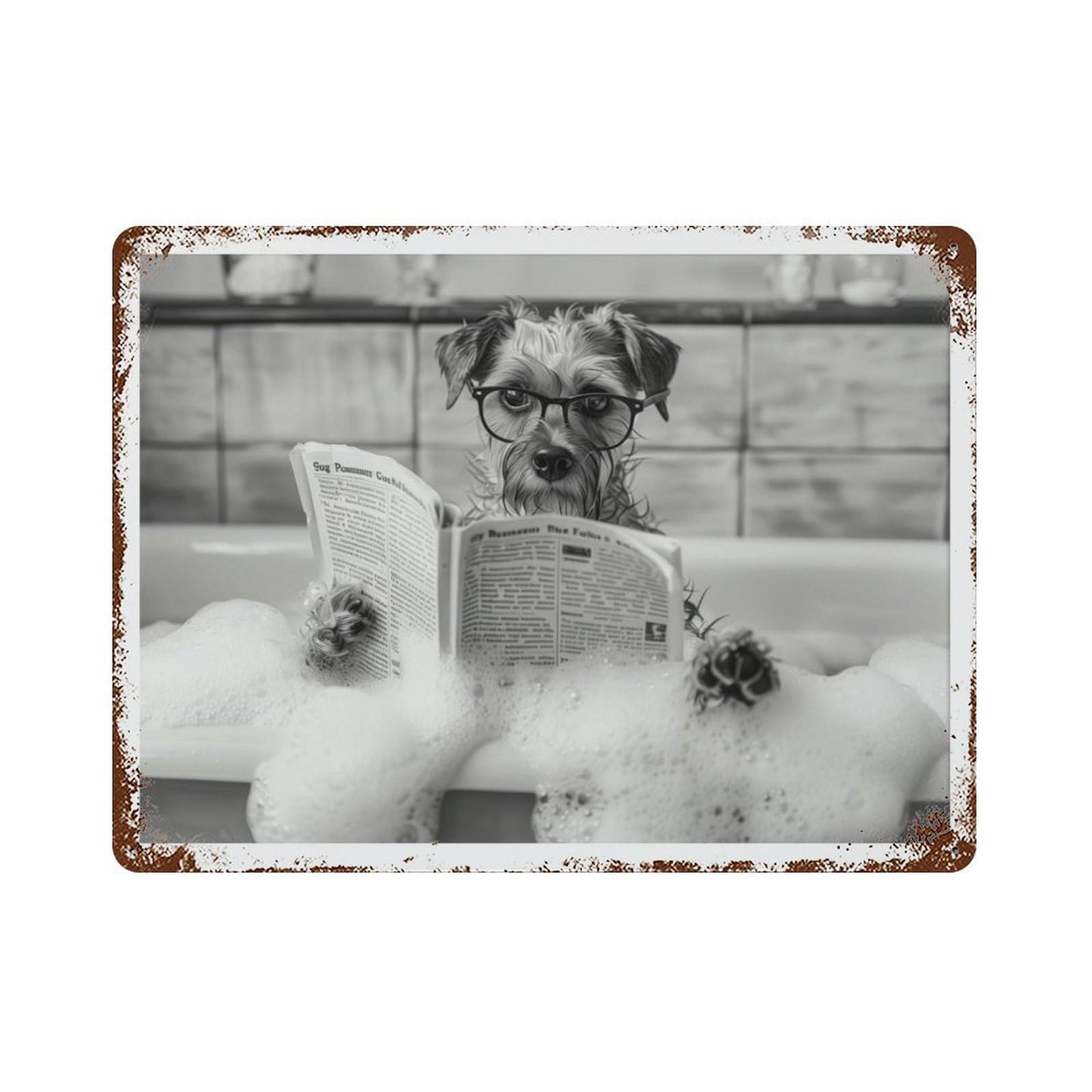 xiaoxiaoshen A Funny Border Terrier in The Bathtub_Dog Reading A Newspaper Wall Decor Art Metal Tin Poster Modern Home Decor Art Home Bar Shop Decorations Vintage Sign 30x40cm