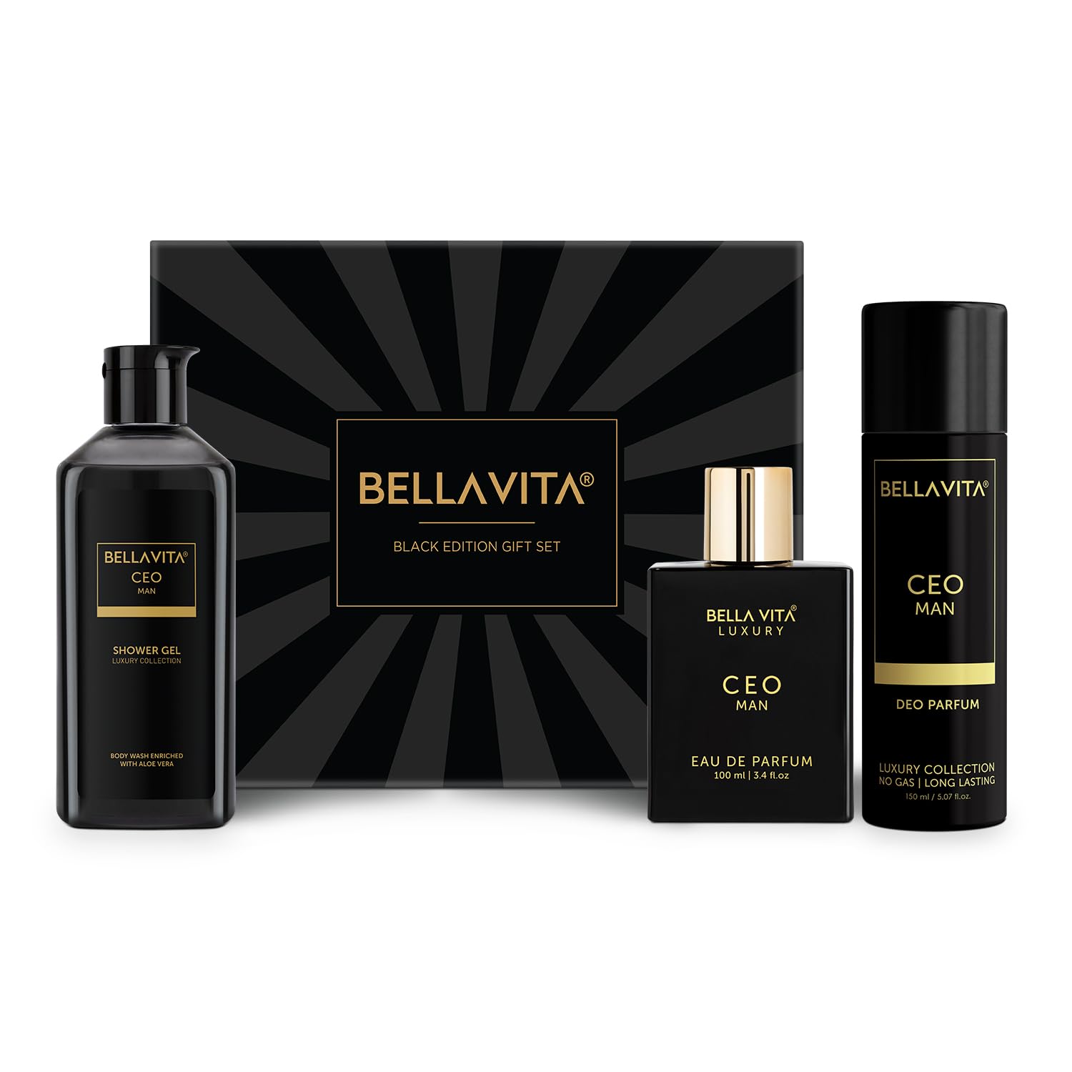 Bella Vita Luxury Black Edition Gift Set with CEO Man EDP Perfume 100ml, Body Parfum Deodorant 150ml & Refreshing Shower Gel for Deep Cleansing, 250ml