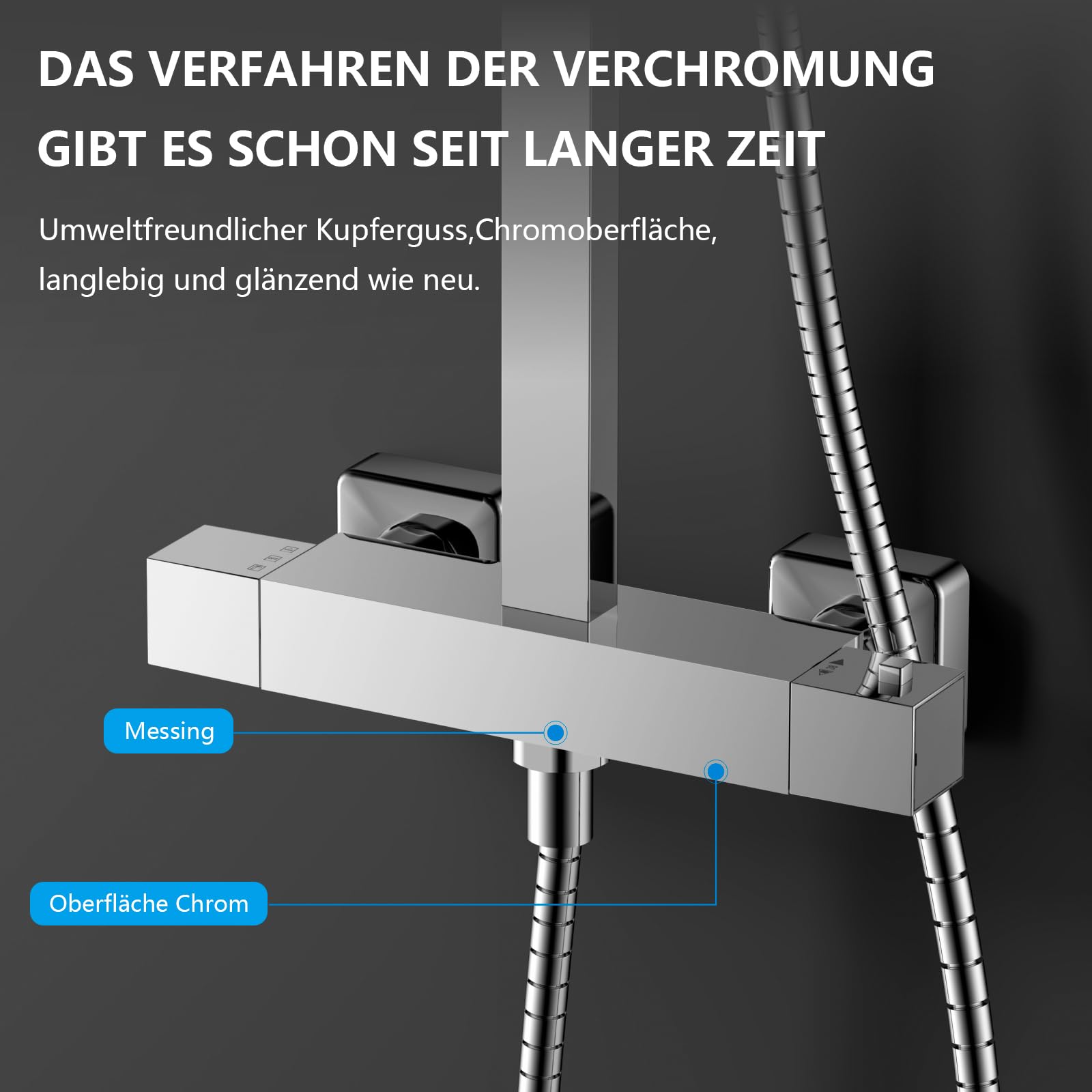 KOMIRO Duschsystem mit Thermostat, Regendusche mit Armatur, Duscharmatur mit thermostat, Duschkopf mit Schlauch und Edelstahl Höheverstellbarer Duschstange, Duschsäule Duschset, Eckig, Chrom