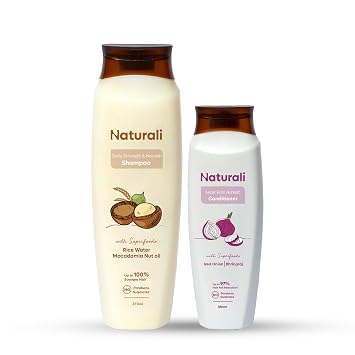 Naturali Daily Strength & Nourish Shampoo + Hair Fall Arrest Conditioner | Nourishes, Conditions Hair | Controls Hairfall, Frizziness | Rice Water Shampoo, Onion Bhringraj Conditioner | 370ml+180ml