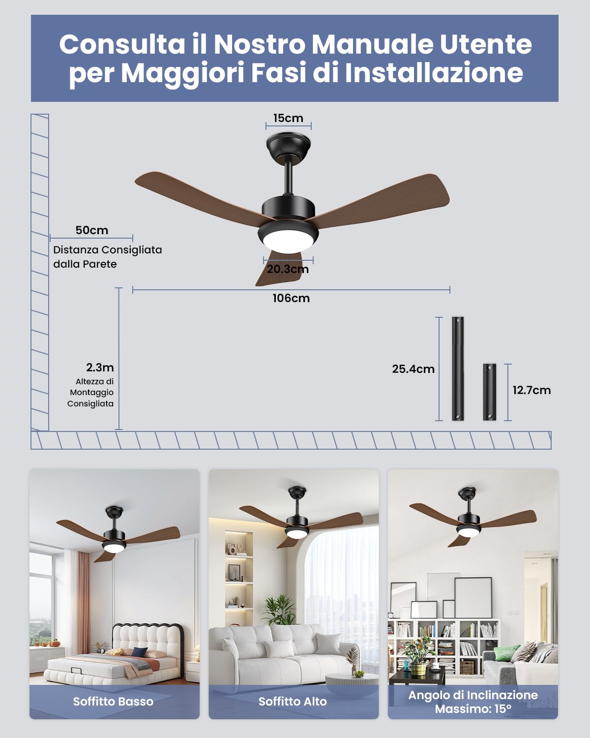 Airwit Ventilatore da Soffitto con Luce 106cm, Pale Effetto Legno, Ventilatore da Soffitto Silenzioso con Telecomando, LED Dimmerabile, Motore DC Reversibile, 6 Velocità per Camera Soggiorno