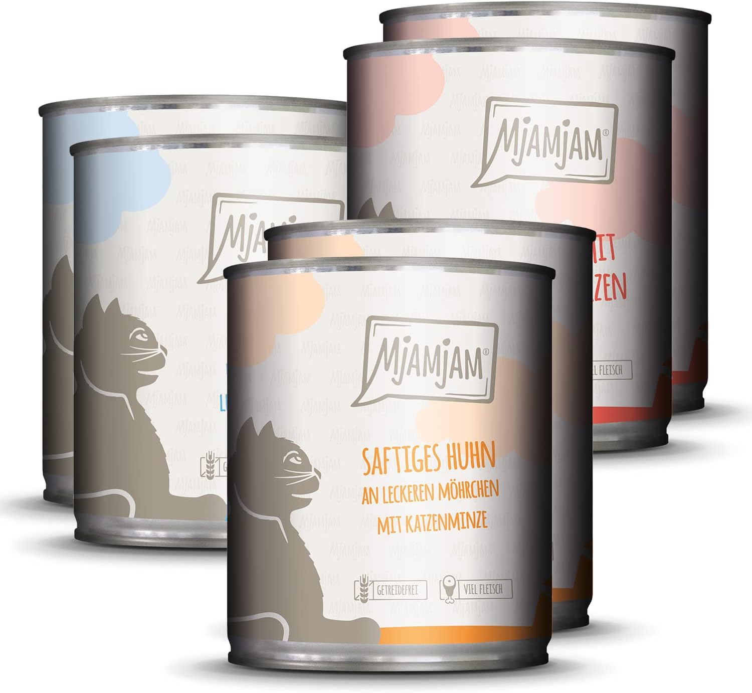 MjAMjAM - premium natvoer voor katten - gemengd pakket I - kip, rund, hartjes, pak van 6 (6 x 200 g), graanvrij met extra vlees