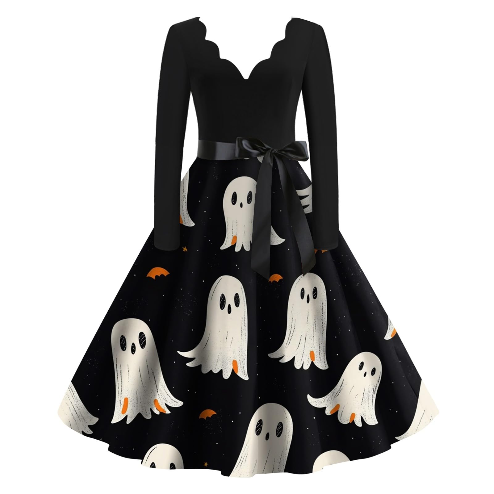Vintage Ladies Dresses Halloween Funny or Terrifier Pumpkin Ghost Devil Spider A Line V Neck Long Sleeve Swing Dress with Bow Elegant Cocktail Party Outfit Evening Witch Dress Black L