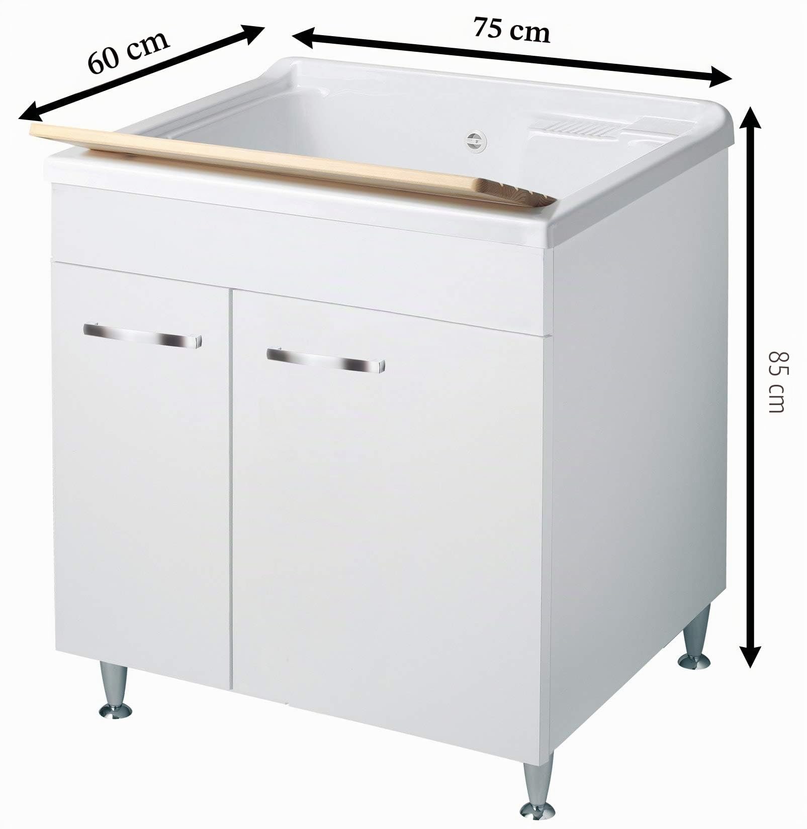 Negrari Classica Lavatoio Montato 75x60 L75 P60 H85cm Bianco Mobile Legno Vasca Polipropilene Termoformatura Asse Pino Piedi Regolabili Cerniere Ante Rallentate Sportelli Arrotondati Maniglie Cromate