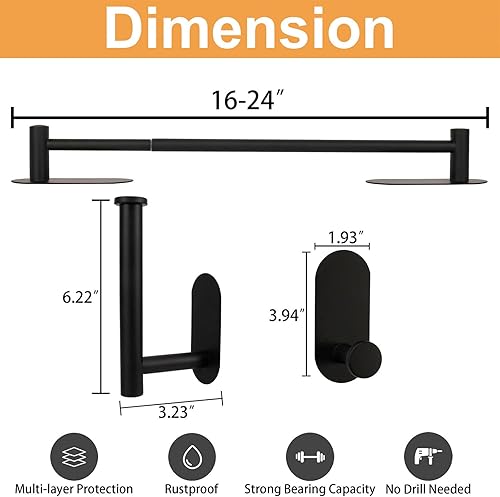 Miniatura 6 de TocTen Juego de 5 toallas autoadhesivas, juego de accesorios de baño de acero inoxidable que incluye toallero ajustable, soporte para papel