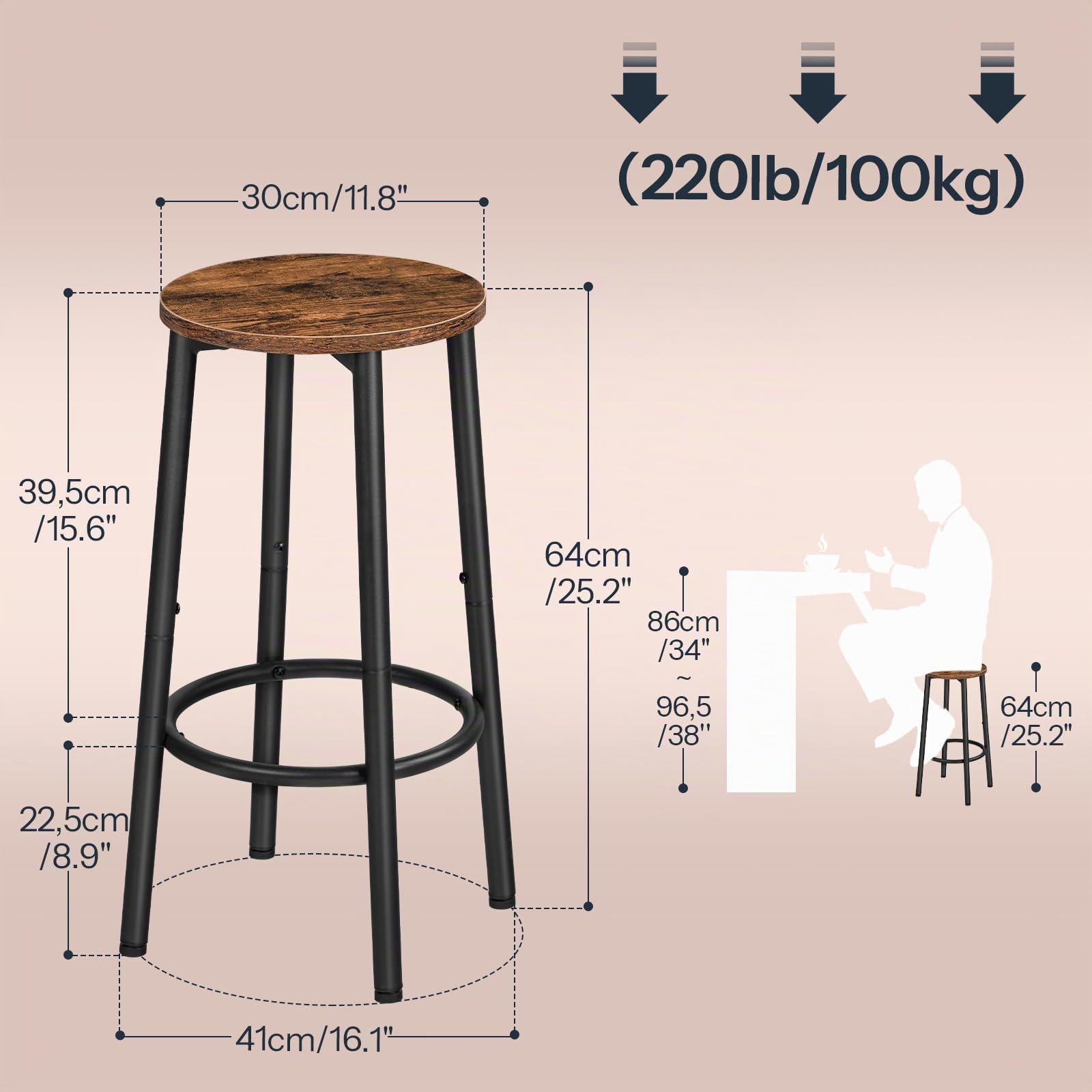 HOOBRO Tabourets de Bar, Lot de 4, Tabourets Hauts pour comptoir, Chaises de Cuisine avec Cadre métallique, pour Cuisine, Bar, café, Salle à Manger, Marron Rustique et Noir EBF03BYP401