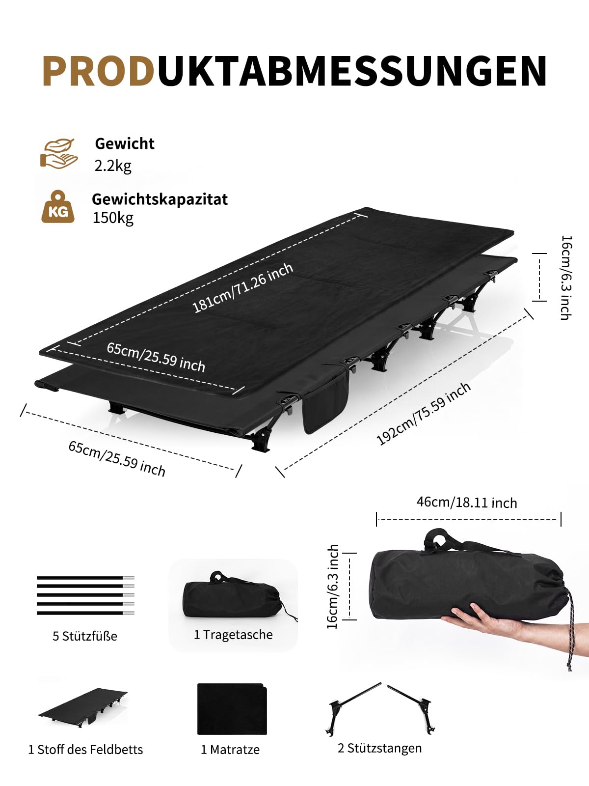 Feldbett Klappbar, Campingbett Ultraleichtes bis 150 kg Belastbar, Tragbar Campingbett Faltbar Feldbett mit Matratze Gästebett Klappbar mit Tragetasche & Seitentasche für Outdoor Camp Garten