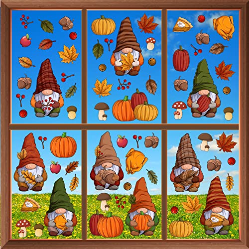 WALPLUS Thanksgiving Autumn Fall Window Clings for Glass Windows Stickers Fall Leaves Seasonal Decorations for Kids Fall Window Decor and Clearance Thanksgiving Gnomes