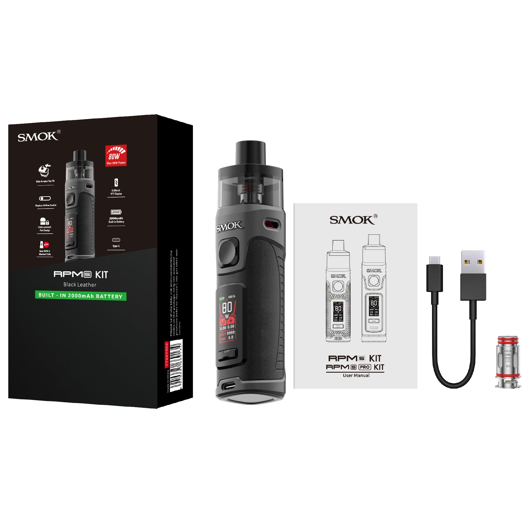 SMOK RPM 5 Kit Pod Sigaretta Elettronica 80W 2000mAh 6,5 ml Pelle nera