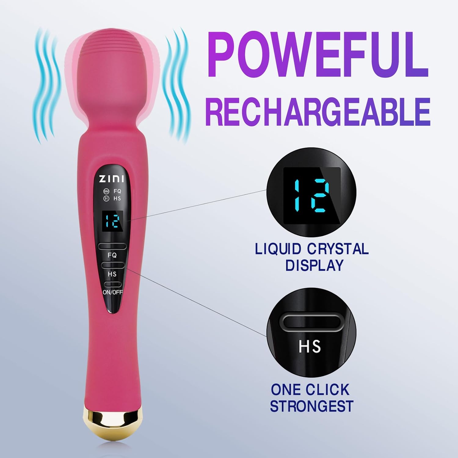 Cordless Massager with LCD Display, Personal Massager for Pain Relief, Powerful 12 Vibrating Massage Wand, Pink - Image 2