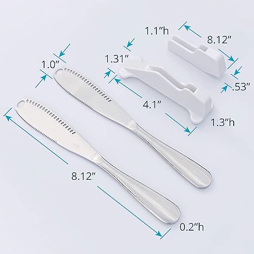 Miniatura 7 de JBTHINGS - Juego de cuchillos esparcidores de mantequilla de acero inoxidable (paquete de 2) - Cortador de mantequilla y queso 3 en 1 con borde