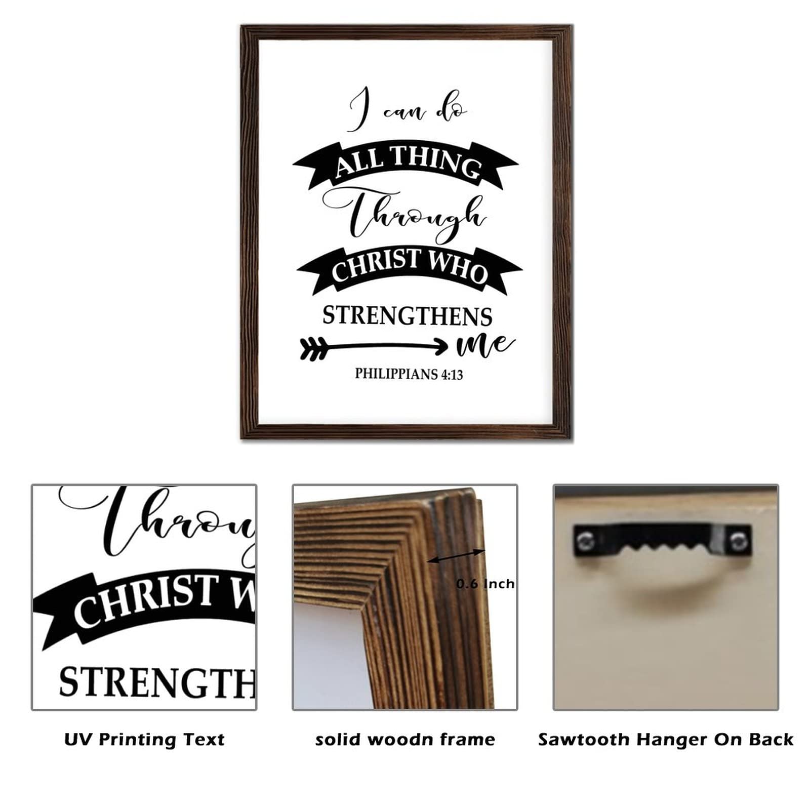 Letrero enmarcado de madera con frases inspiradoras para pared, decoración de pared con texto en inglés ''I Can Do All Thing Through Christ'', letrero de madera rústica para colgar en la pared,