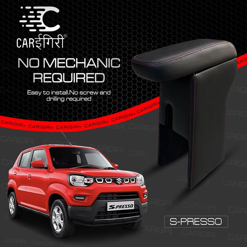 Image of Carigiri Premium Finish Car Armrest with Storage Box And High Density Moulded Foam For Maruti Suzuki S.Presso (Black With Red Double Stitching,Nappa Leatherette)