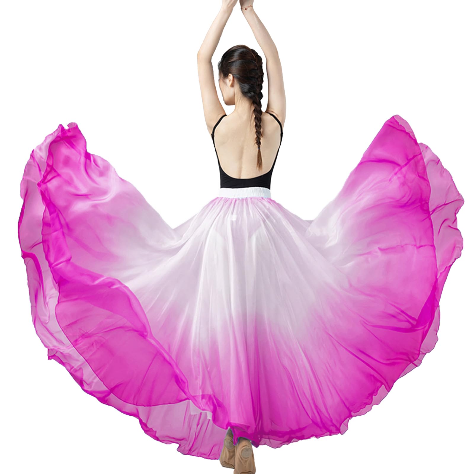 ORIDOOR 720 35" Long Women's Fairy Lyrical Dance Skirt Gradient Color Swing Skirt Ballet Modren Dance Costumes, A Rose White, One Size