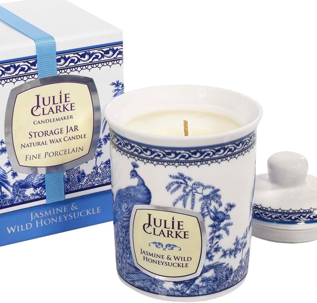 Julie Clarke Irish Scented Hand Poured Candle 100% Natural Vegan Wax Fine Porcelain Jar Jasmine and Wild Honeysuckle 30 Hours Burn Time Made in Ireland Gift Home Decor