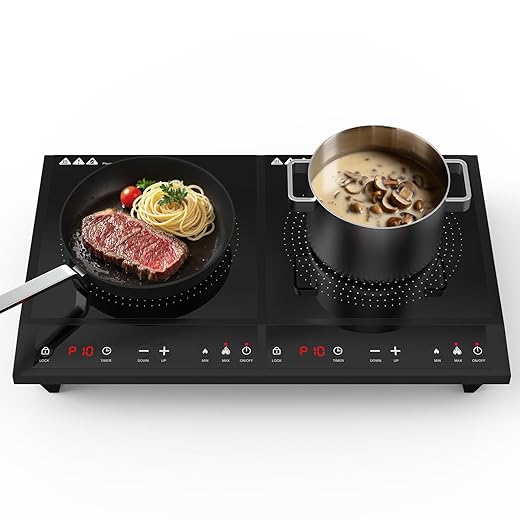 Double Induction Cooktop,Portable Induction Cooker with 2 Burner Independent Control,Ultrathin Body,10 Temperature,1800W-Multiple Power Levels,3 Hour Timer,Safety Lock