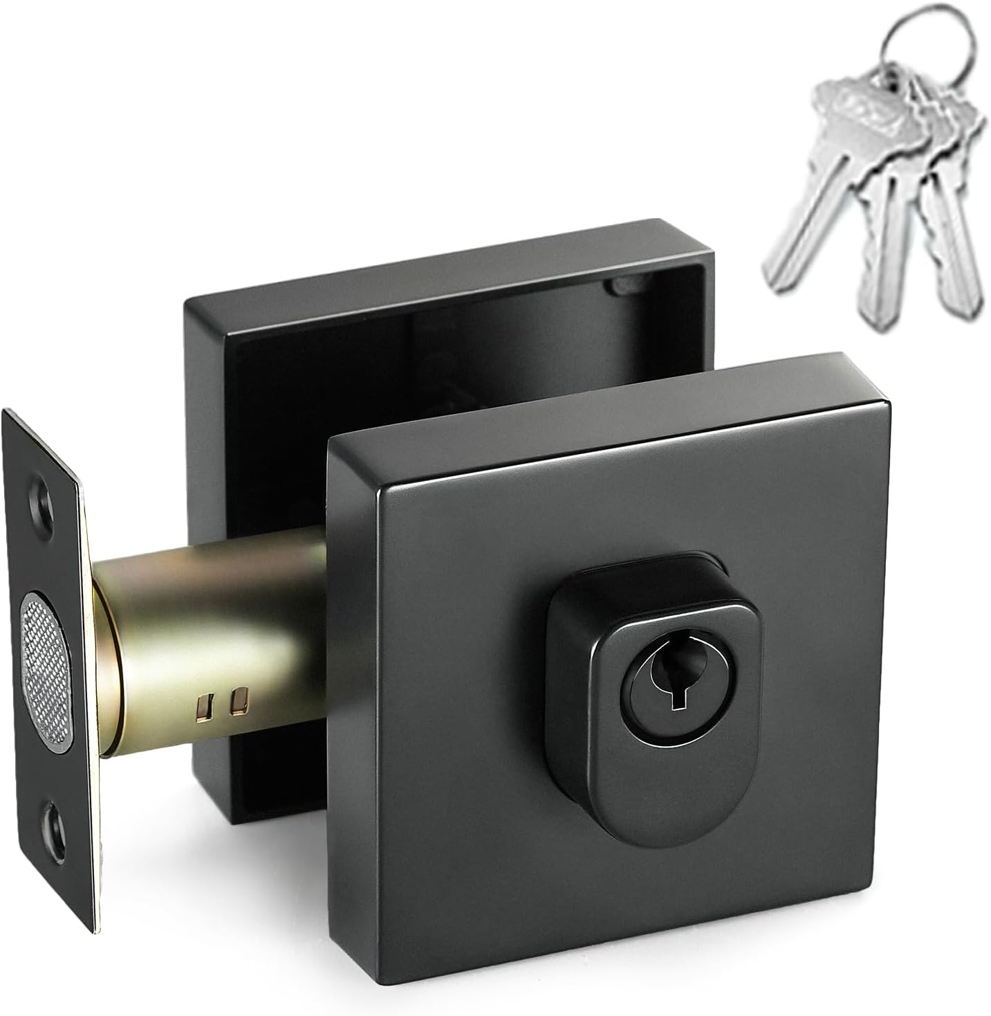 Matte Black Deadbolt Lock, Square Single Cylinder Modern Deadbolt Lock with Keys, Exterior Keyed Front Entry Door, Interior Swivel Knob, Zinc Alloy, Easy to Instal, for Home, Office, Apartment.